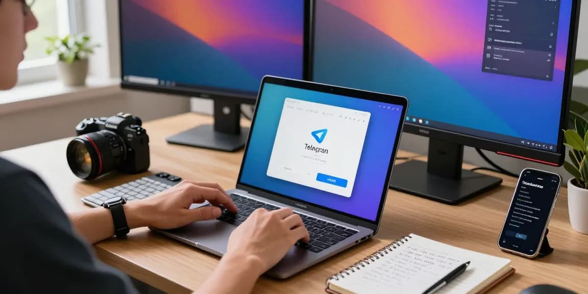 Setting Telegram Chinese language on a laptop in a modern workspace with colorful interface options and productivity elements.
