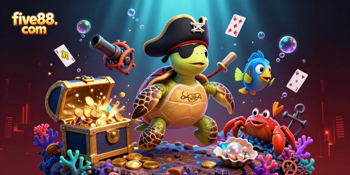 Experience the thrill of five88. com with a lively underwater casino scene featuring vibrant 3D characters.