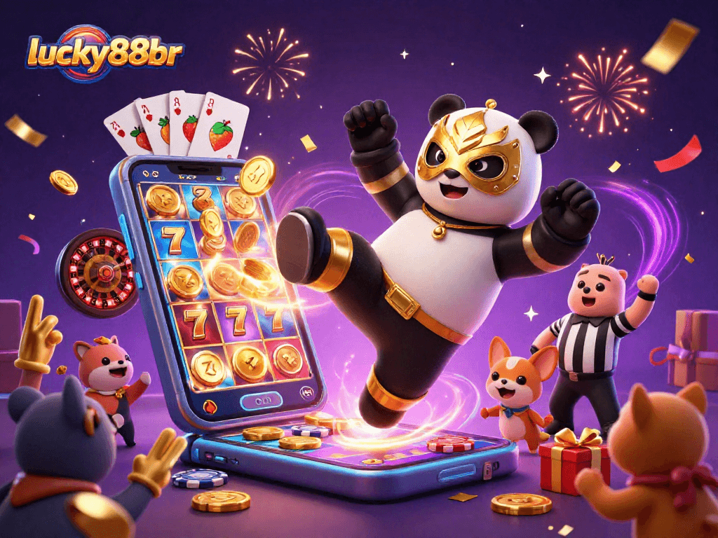 Experience the excitement of lucky88br with a dynamic casino scene featuring a wrestling panda.