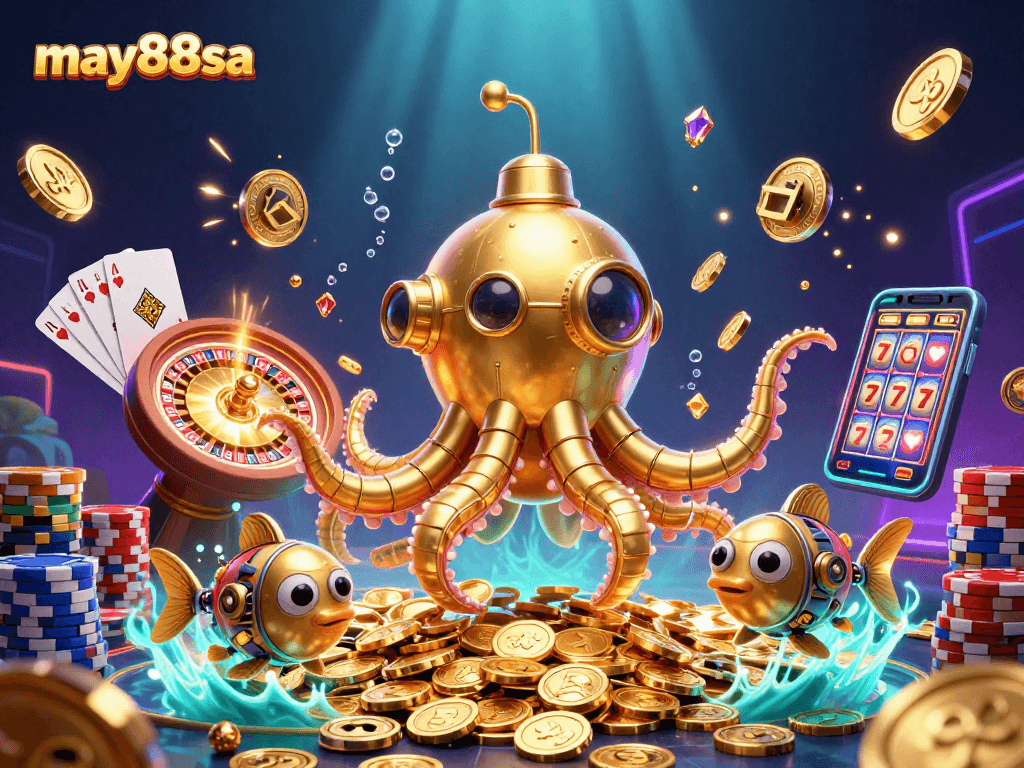Engage with may88sa's thrilling golden kraken submarine adventure in this vibrant casino scene.