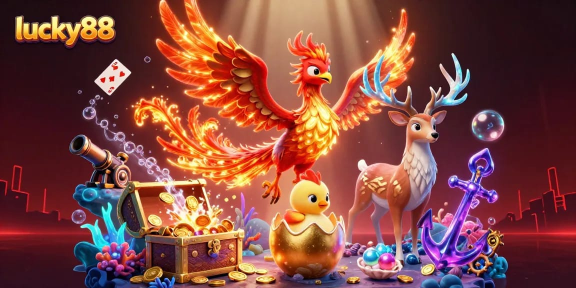 Win at lucky88 with an illustration of vibrant casino characters amid gold and gems.