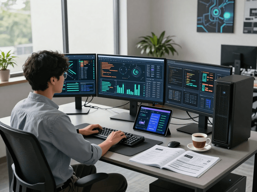 rokok88's advanced server infrastructure showcased in a modern tech workspace with multiple screens.