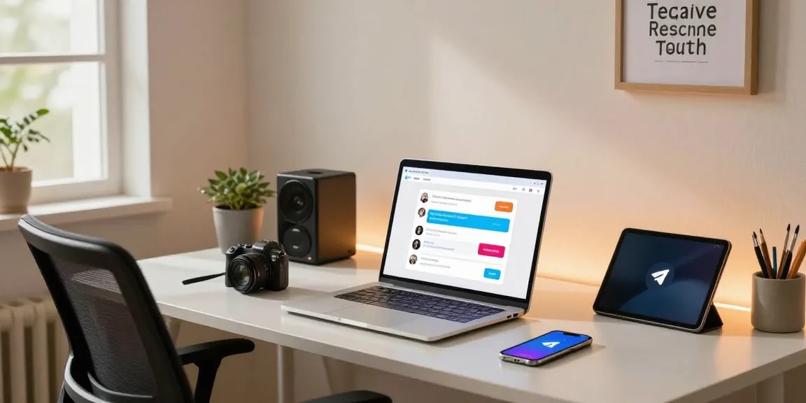 User working on Telegram Web Version in a sleek modern home office, showcasing digital productivity and vibrant notifications.