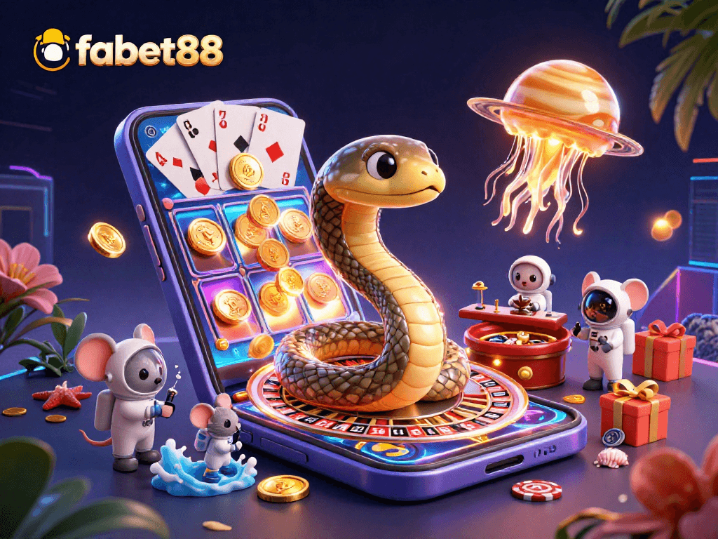 Join the fun on fabet88 with animated cosmic dealers, slot games, and vibrant betting action.