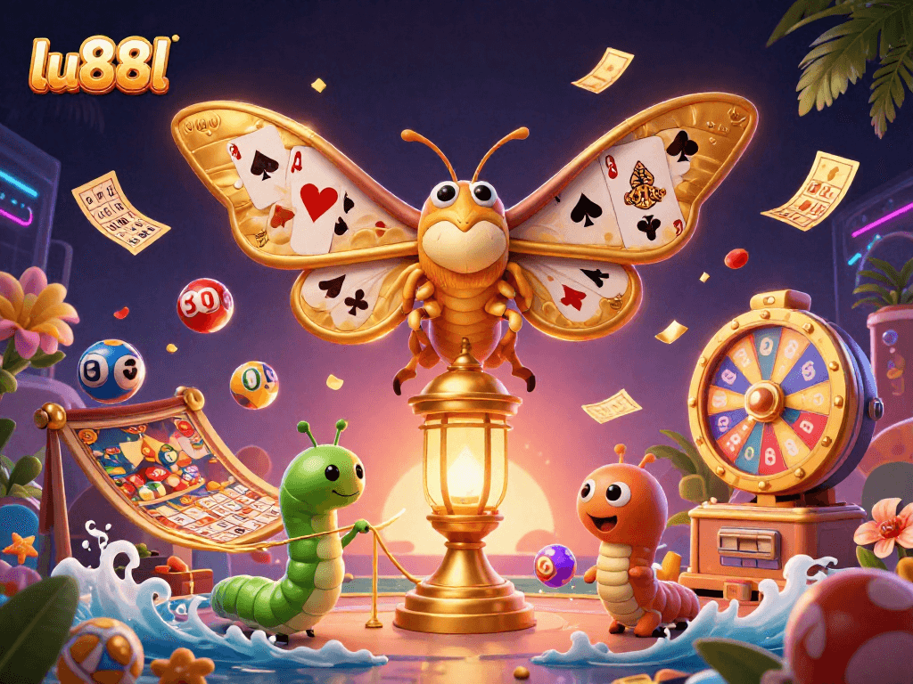Engage with lu88l's vibrant casino scene depicting a 3D atlas moth and festive lottery elements.