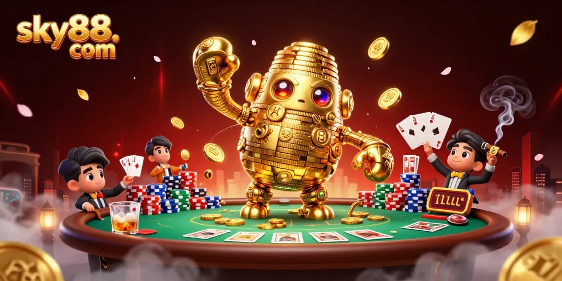 Engage in thrilling gaming excitement at sky88. com with the dynamic golden golem and poker scene.