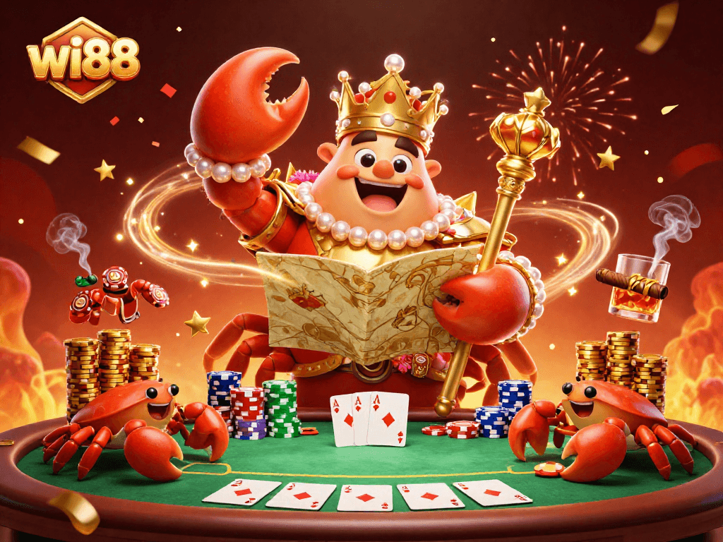 Join the excitement at wi88 with a golden crab emperor overseeing an extravagant poker scene.