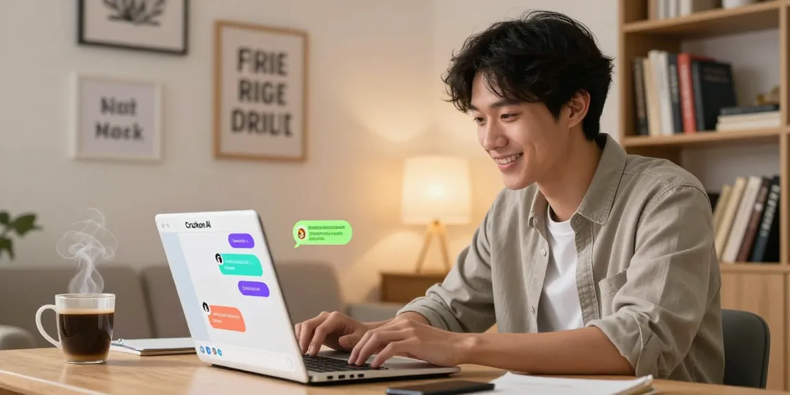 Engaging chat with Crush on AI in a cozy home office, showcasing digital companionship.