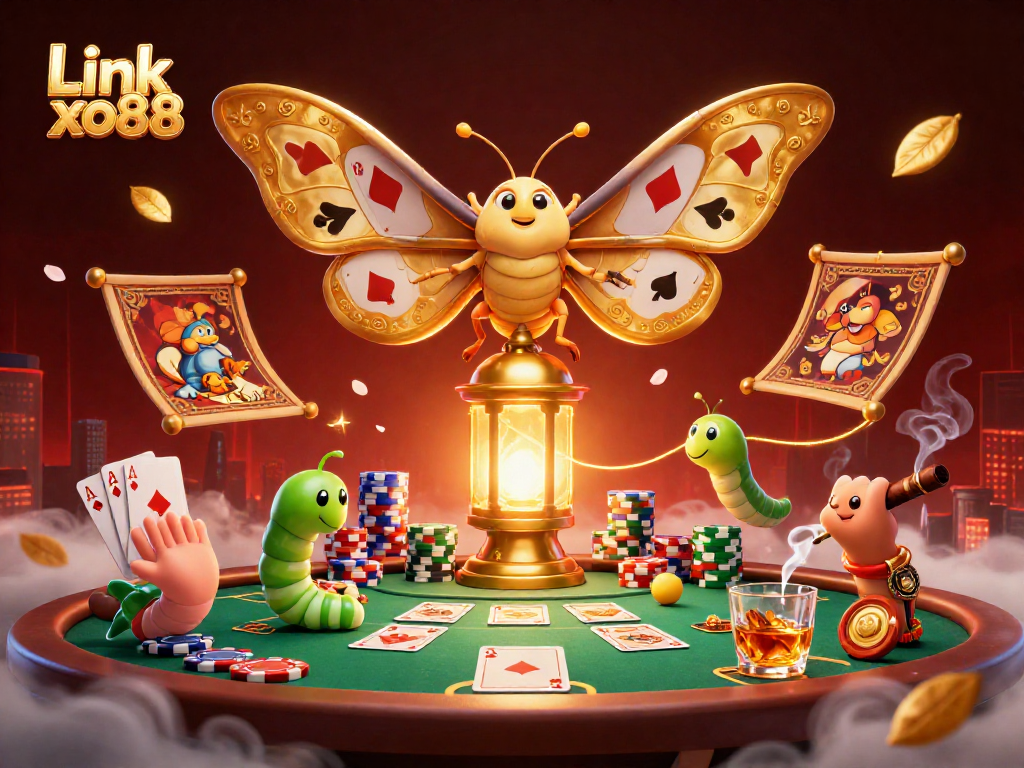 Engage with the excitement of Link xo88 as an atlas moth symbolizes thrilling casino gameplay surrounded by poker elements.
