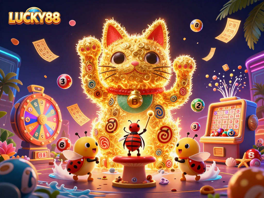 LUCKY88 showcases a captivating scene with a lucky cat and dynamic casino elements, perfect for online gambling excitement.