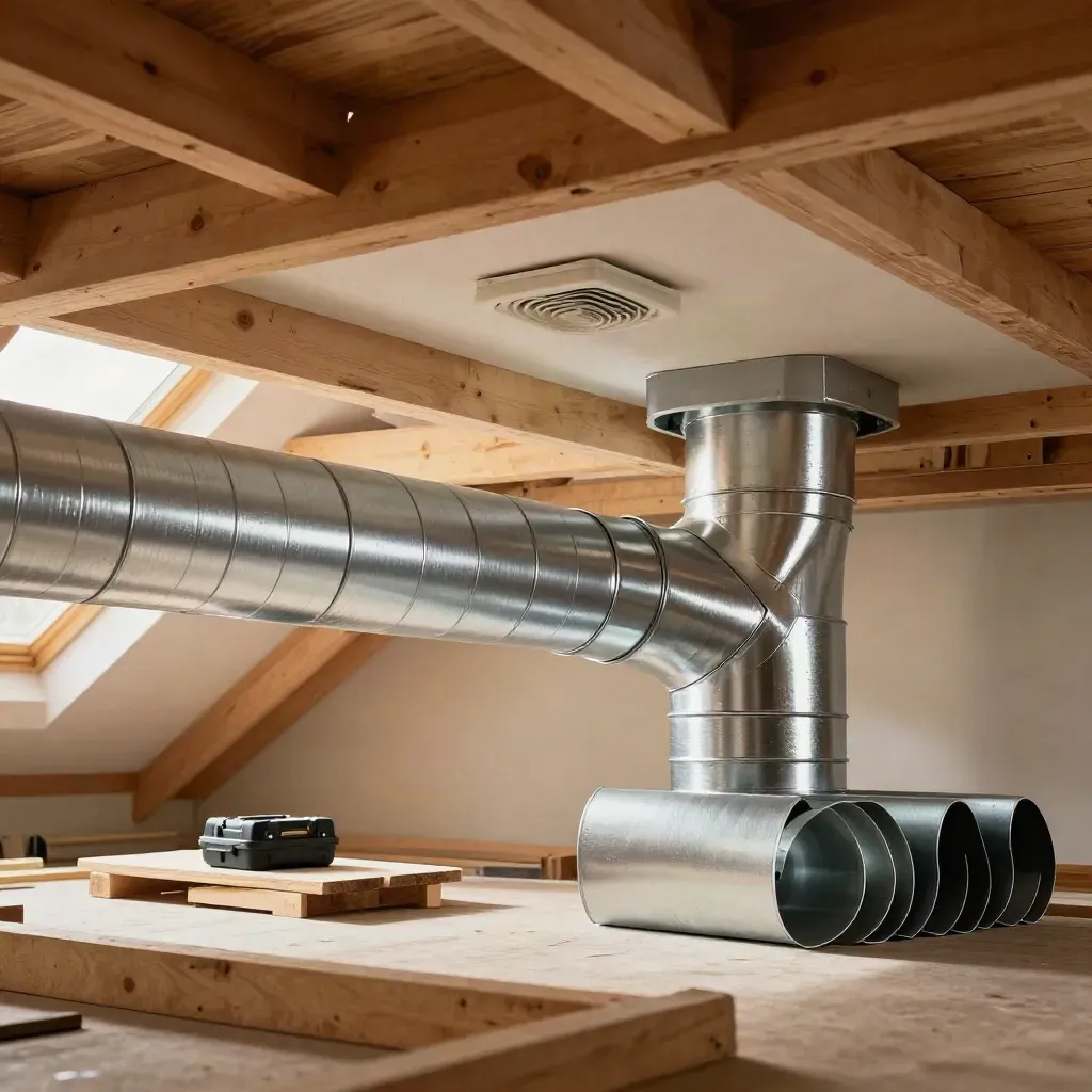 Ventilationsinstallation i trävind med kanaler, diffuser och verktyg i varmt dagsljus.
