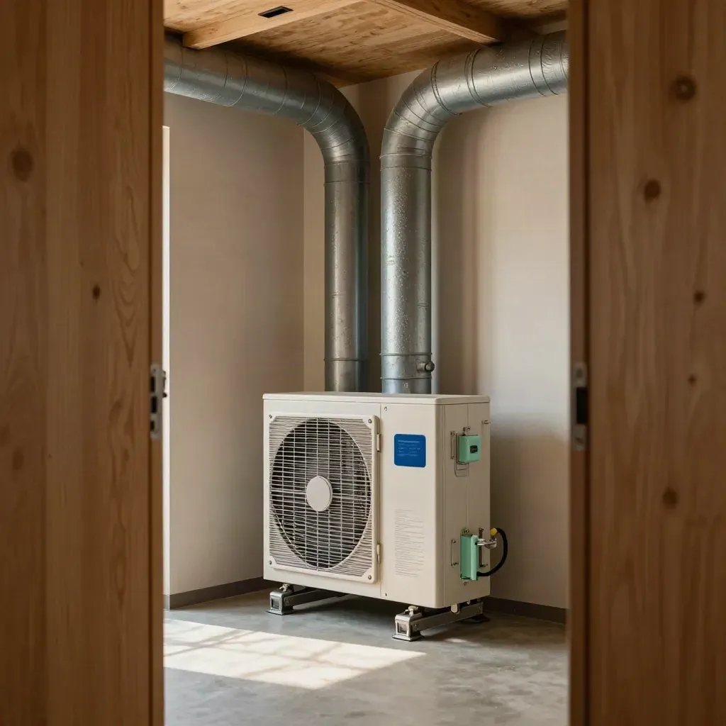 Ventilationsaggregat i villa med kanaler, filterhus och svag ånga i varmt ljus