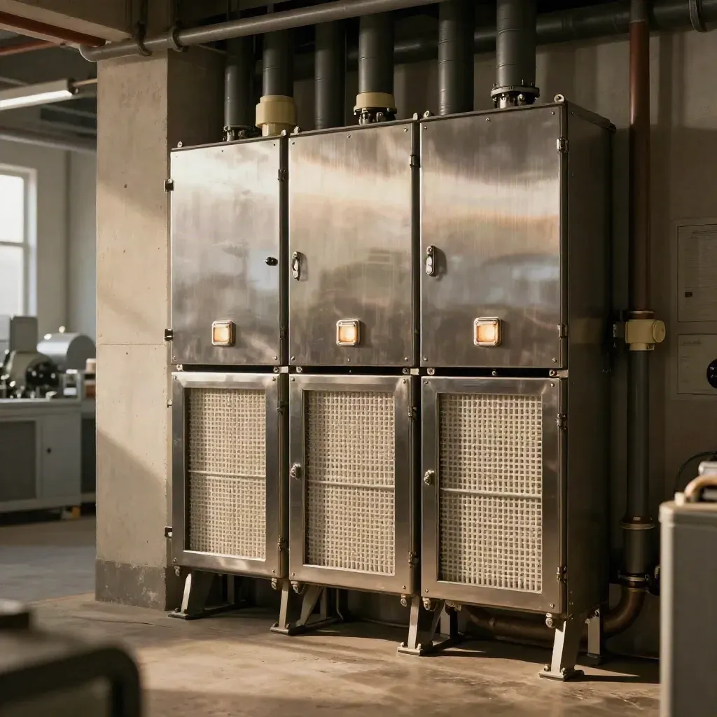 Ett ventilationsrum med filterbanker, täta paneler och stilla statusljus.
