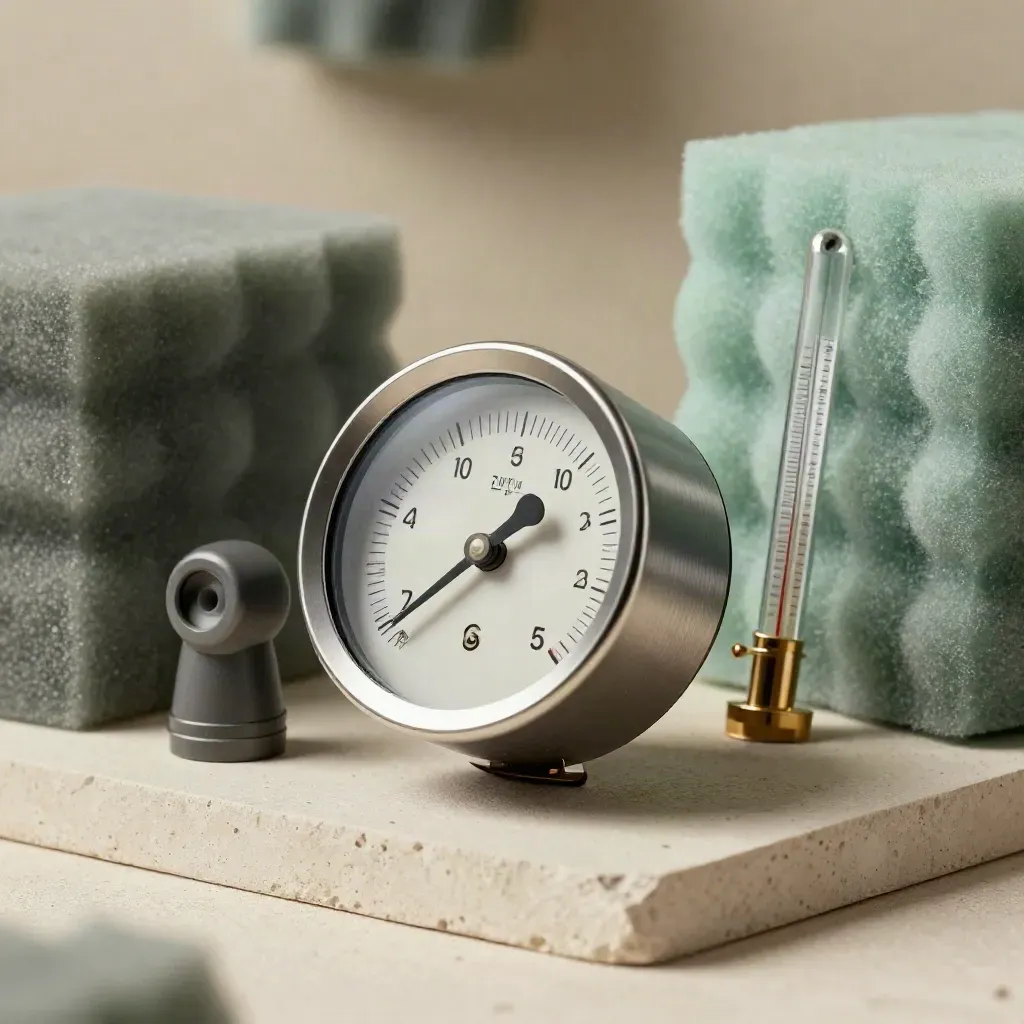 Hygrometer, partikelsensor och termometer på en ljus putsplatta med mintgrön akustikskum.