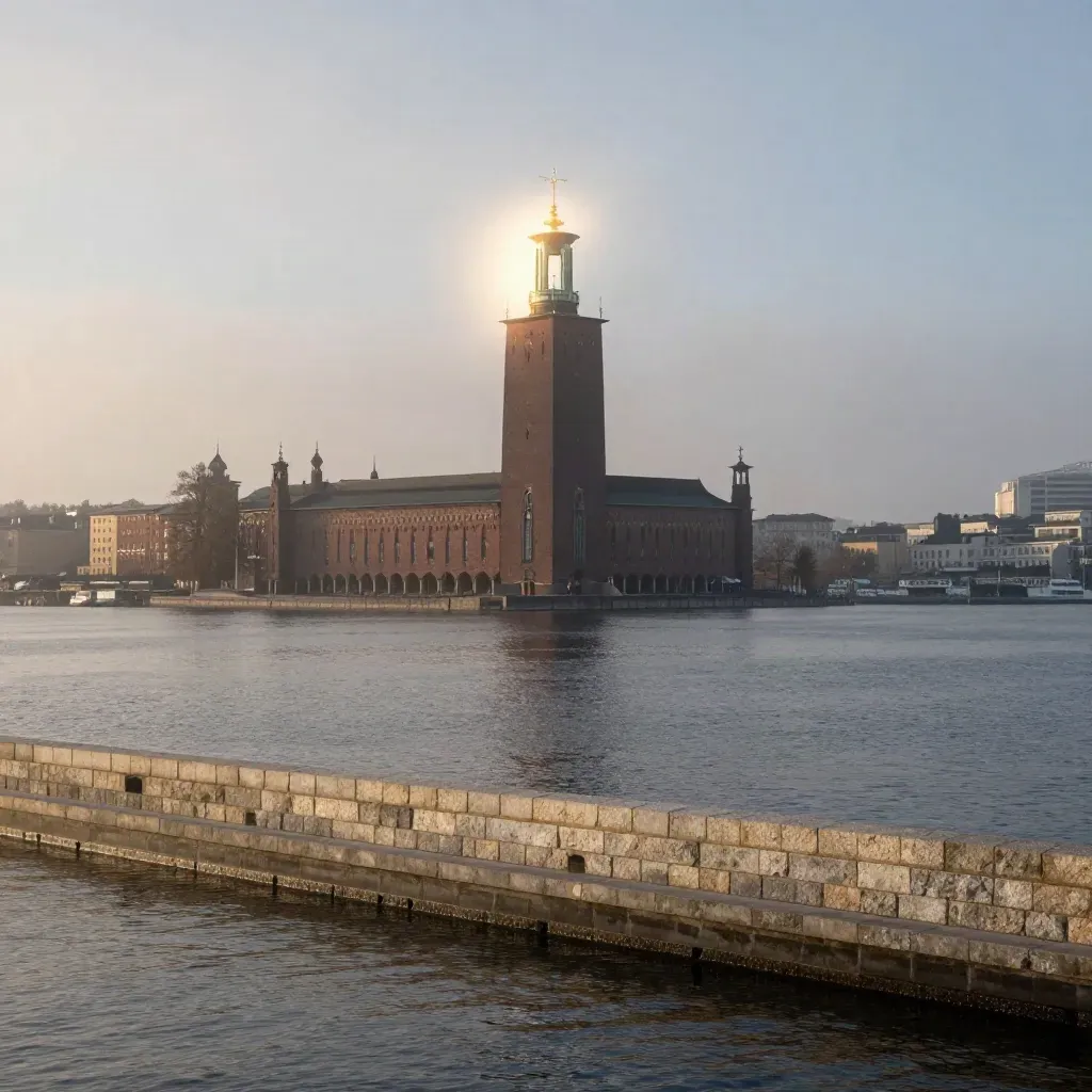 Stockholms skyline över Riddarfjärden i morgonljus med Stadshuset högt i dimman