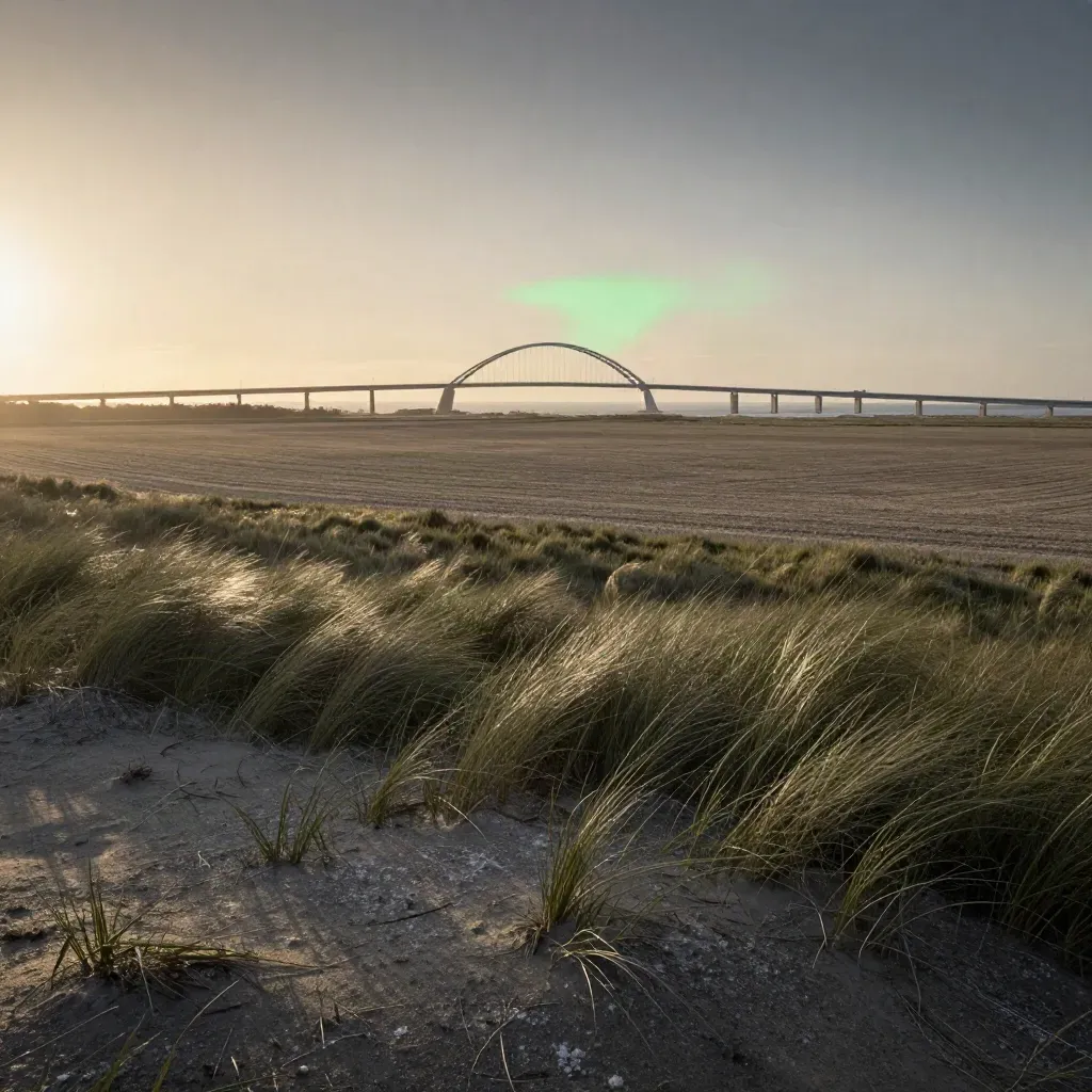 Öresundsbron över Skånes öppna fält i varm kvällsljus och havsdimma