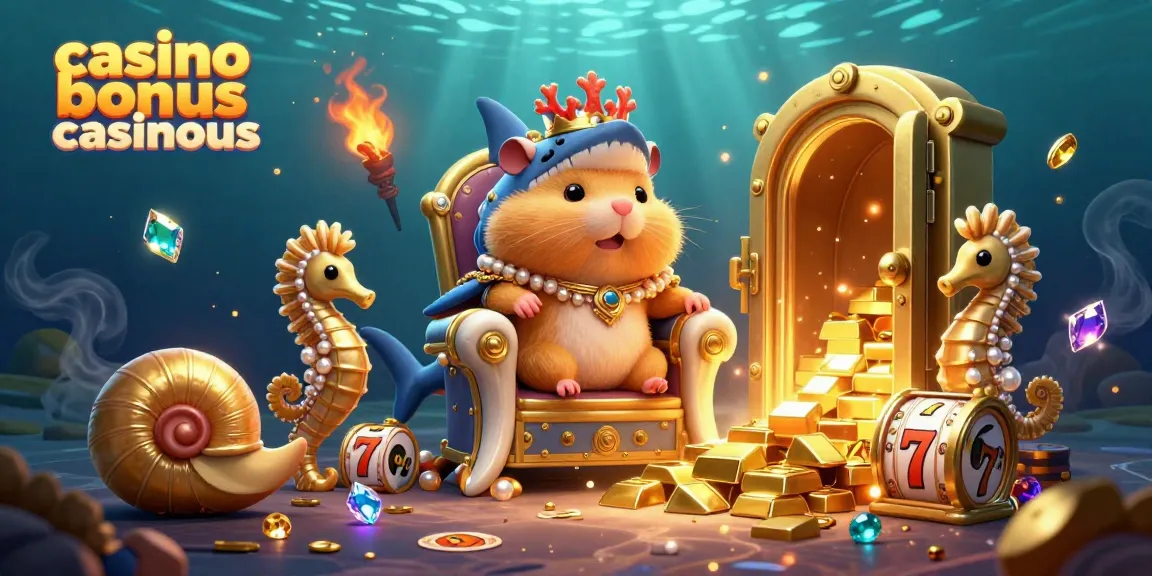 Explore lucrative casino bonuses with the golden hamster king at casino bonus casinous in an underwater treasure scene.