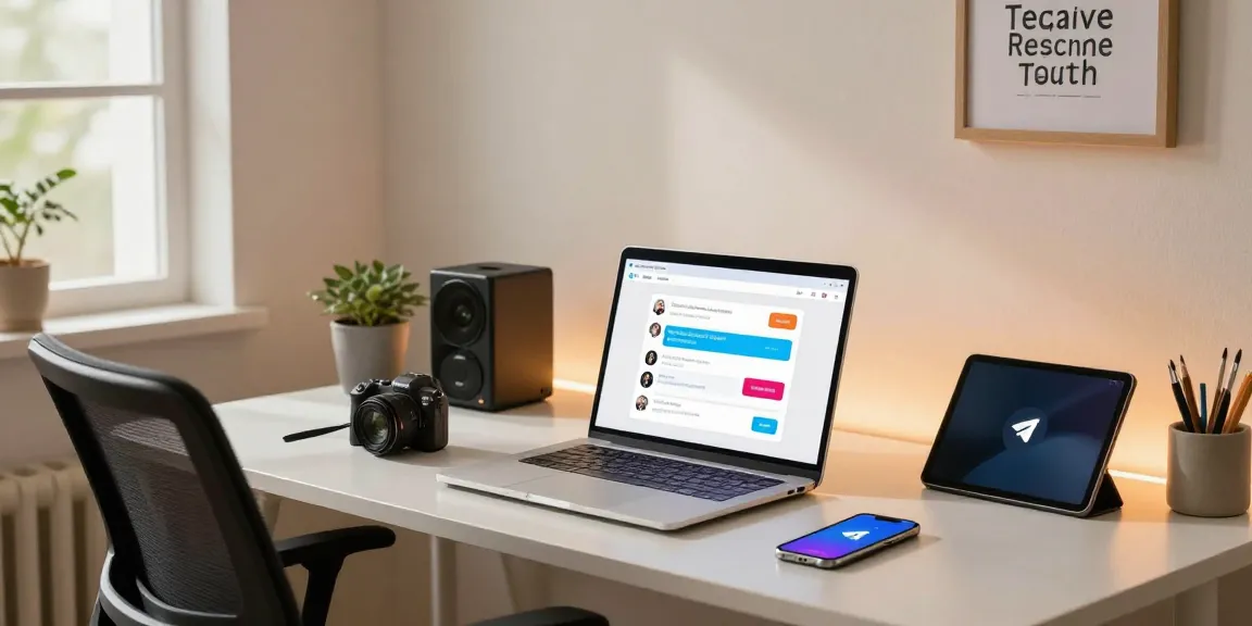 User working on Telegram Web Version in a sleek modern home office, showcasing digital productivity and vibrant notifications.