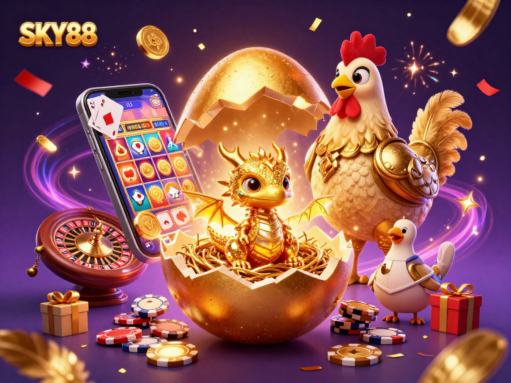 SKY88's golden dragon celebrates victory in a lively casino scene filled with games and excitement.