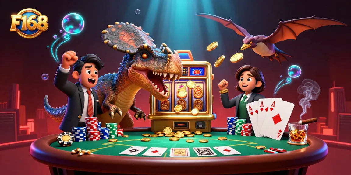 F168 casino scene with a pachycephalosaurus interacting with a golden slot machine, surrounded by poker chips and cards.