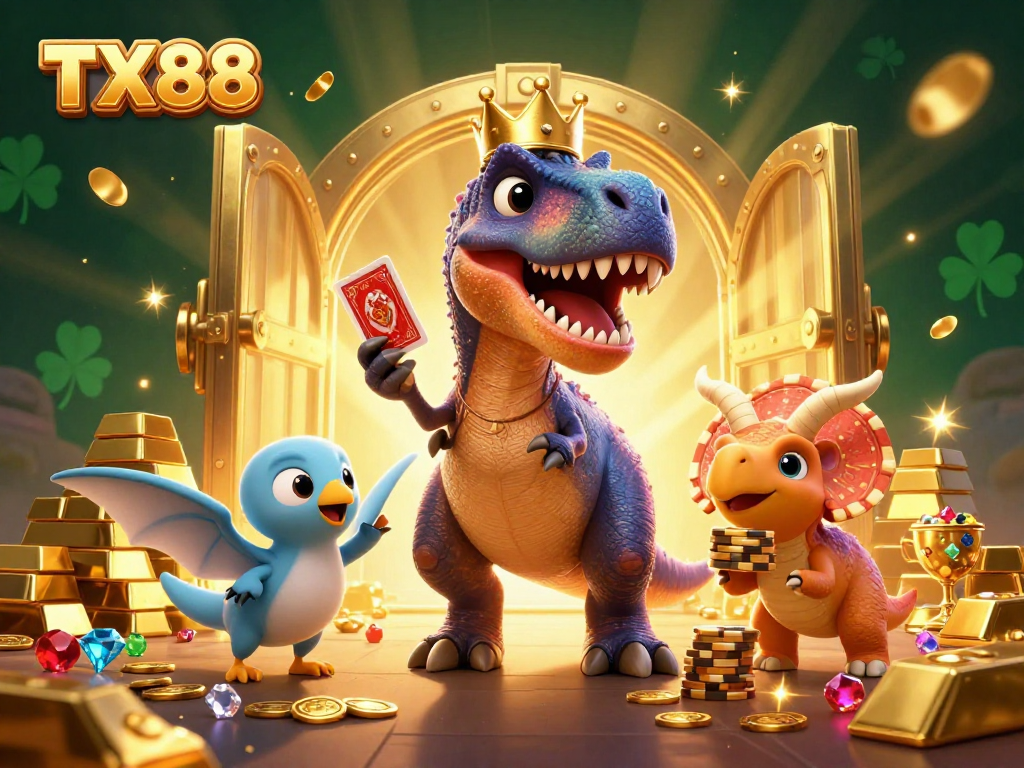 Experience thrilling gambling with TX88's casino games featuring fun dinosaur characters and sparkling treasures.