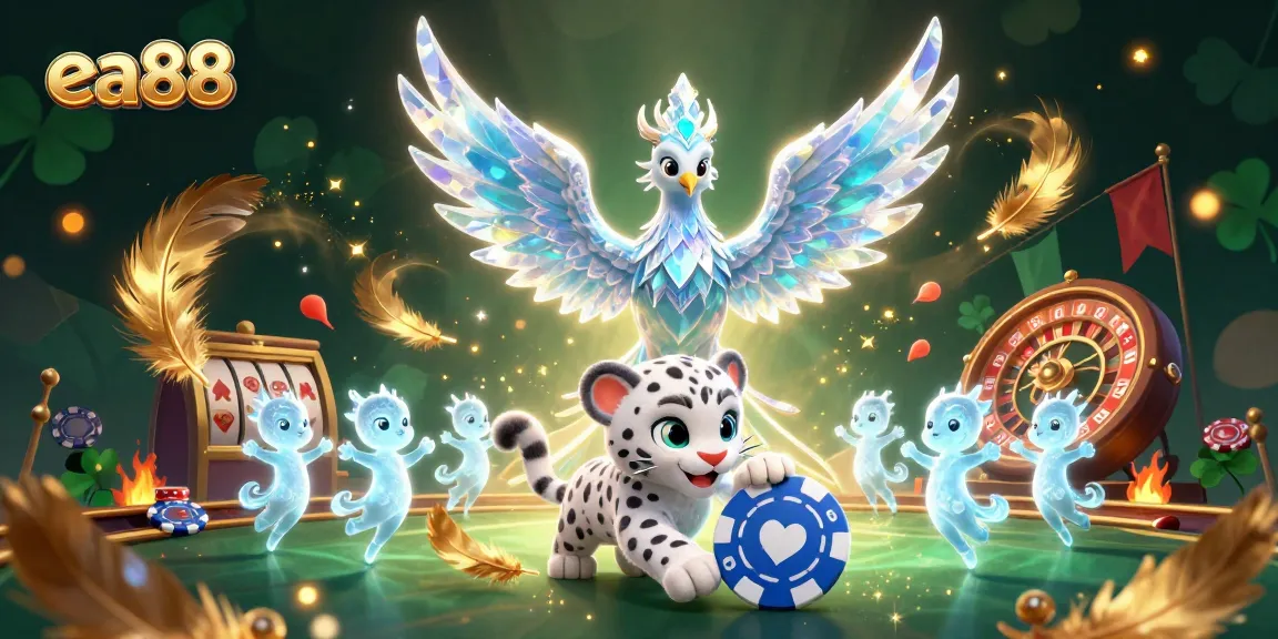 Experience thrilling gaming opportunities at ea88 with a captivating illustration of an ice phoenix, poker chip, and animated sprites.