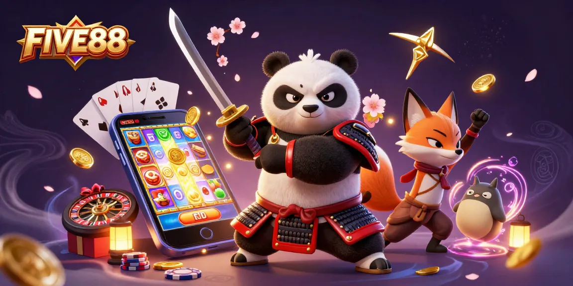 Engage in the vibrant world of FIVE88 with a dynamic scene of a samurai panda and ninja fox amidst colorful casino excitement.