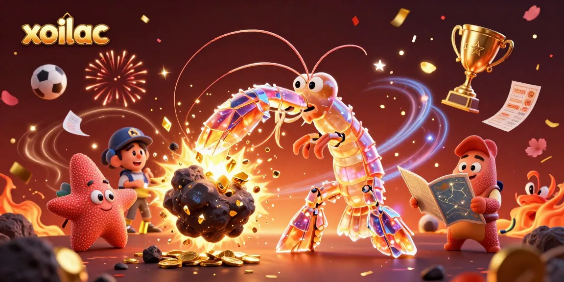 Xoilac sports betting dynamic scene with samurai shrimp and starfish amidst gold confetti