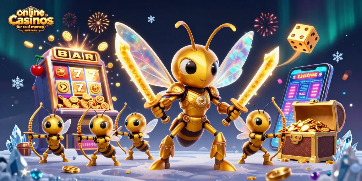 Engage with online casinos for real money australia, featuring a golden hornet and jackpot excitement.